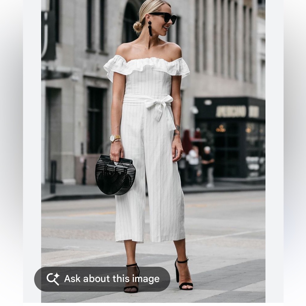 Club Monaco Naveah Jumpsuit, White Stripe Off Shoulders Mp $289
